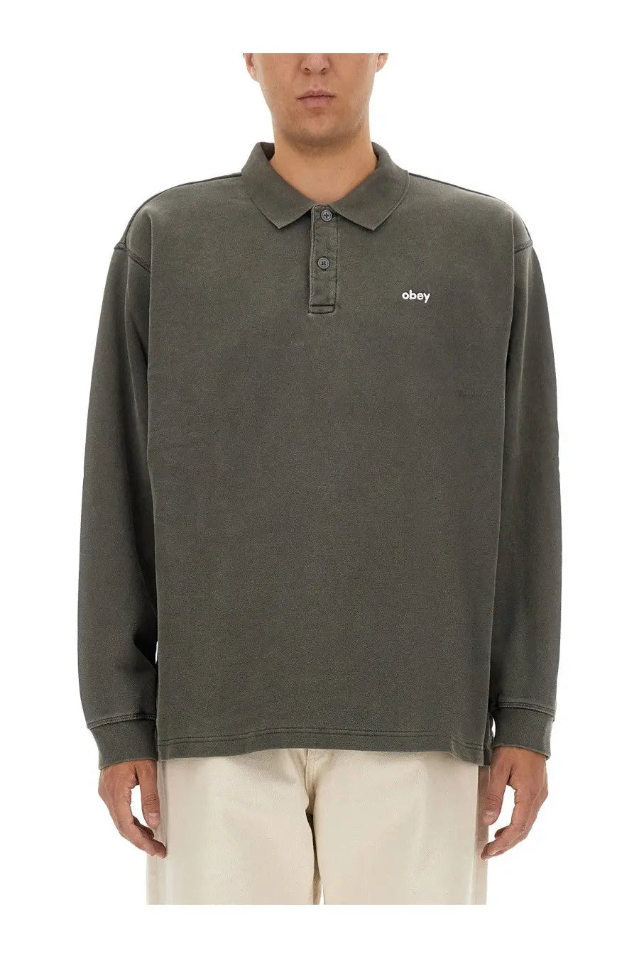 Obey men’s cotton olive green long-sleeved polo shirt with subtle obey logo embroidered on the left chest