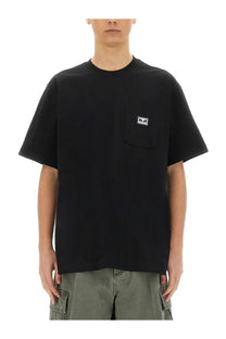 Obey men’s eyes shirt black short-sleeved cotton t-shirt with chest pocket and small white logo patch