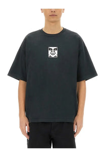 Obey men’s black oversized crewneck t-shirt with white square obey logo graphic on the chest
