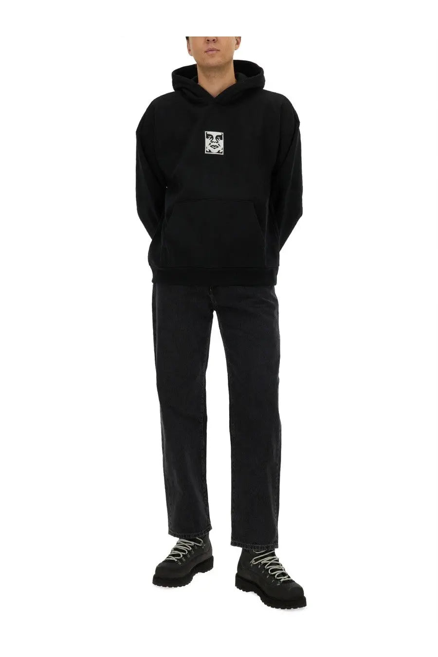 Obey men’s icon hoodie in black with a white graphic patch on the chest made from soft cotton material