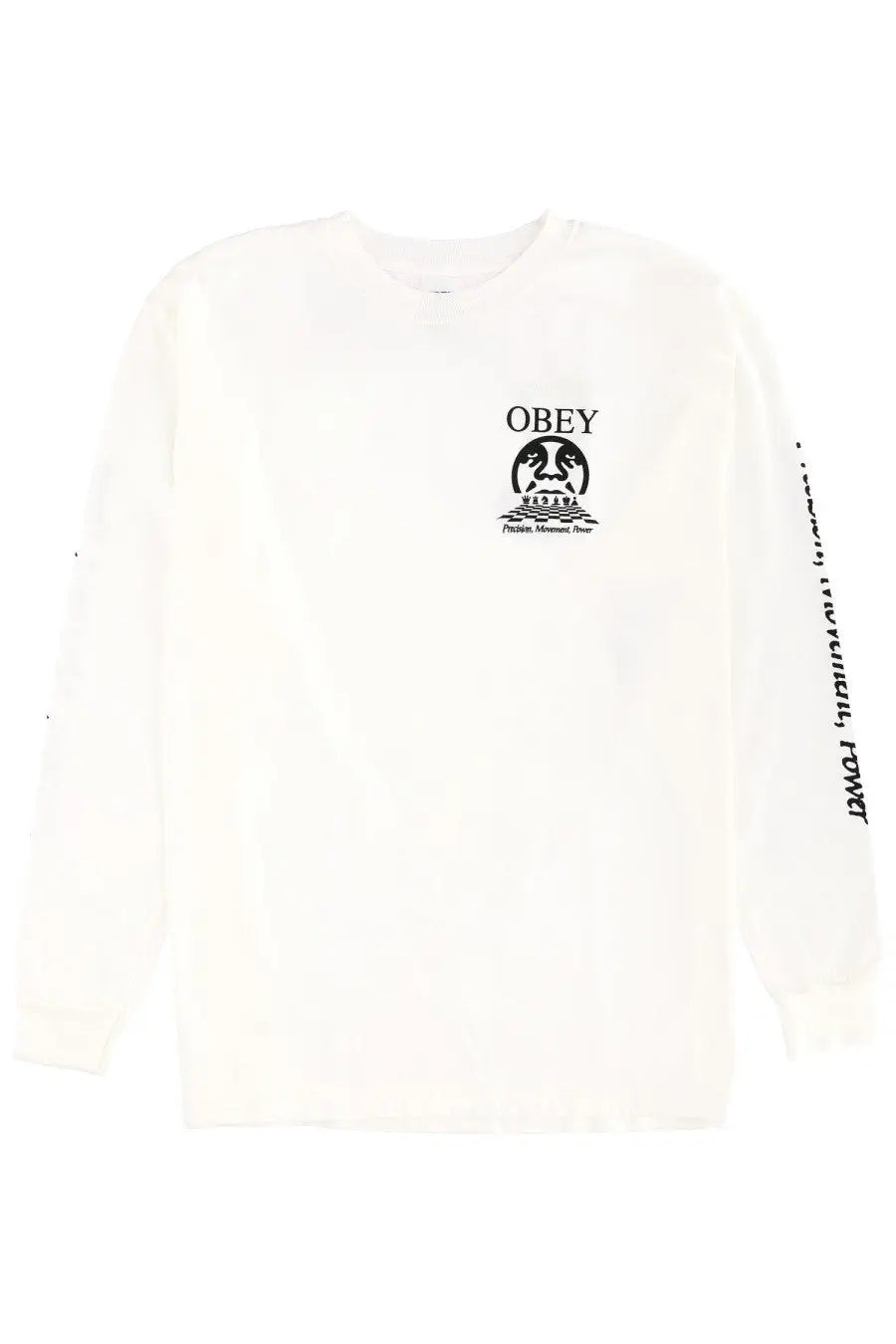 Obey men’s white long sleeve precision shirt with black obey logo and fictional monument tower print on chest