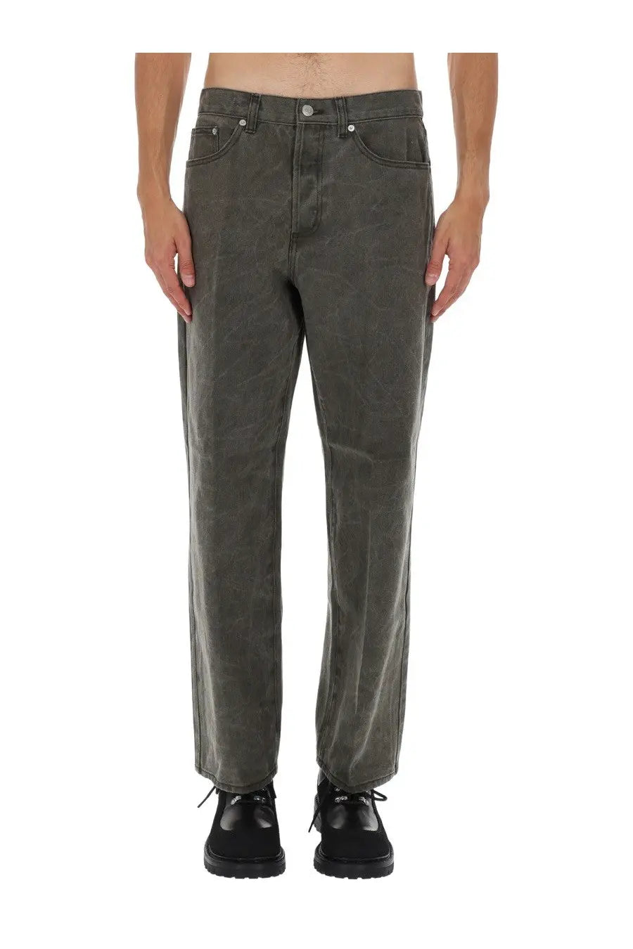 Obey men’s wrinkle grey dark olive green denim jeans with relaxed straight-leg cut and classic five-pocket design