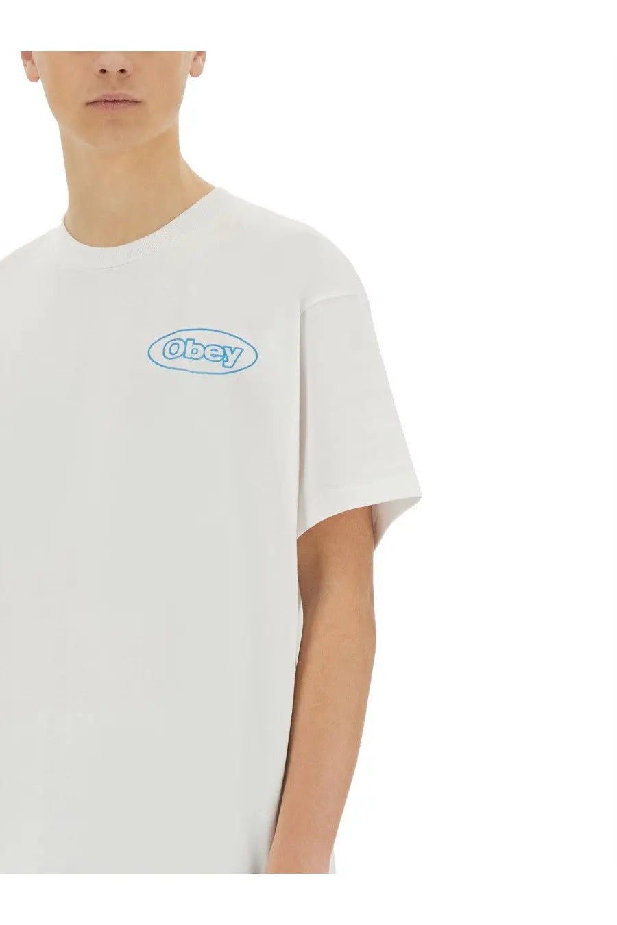 Obey men’s reaction white cotton t-shirt with light blue embroidered obey logo in oval on the chest