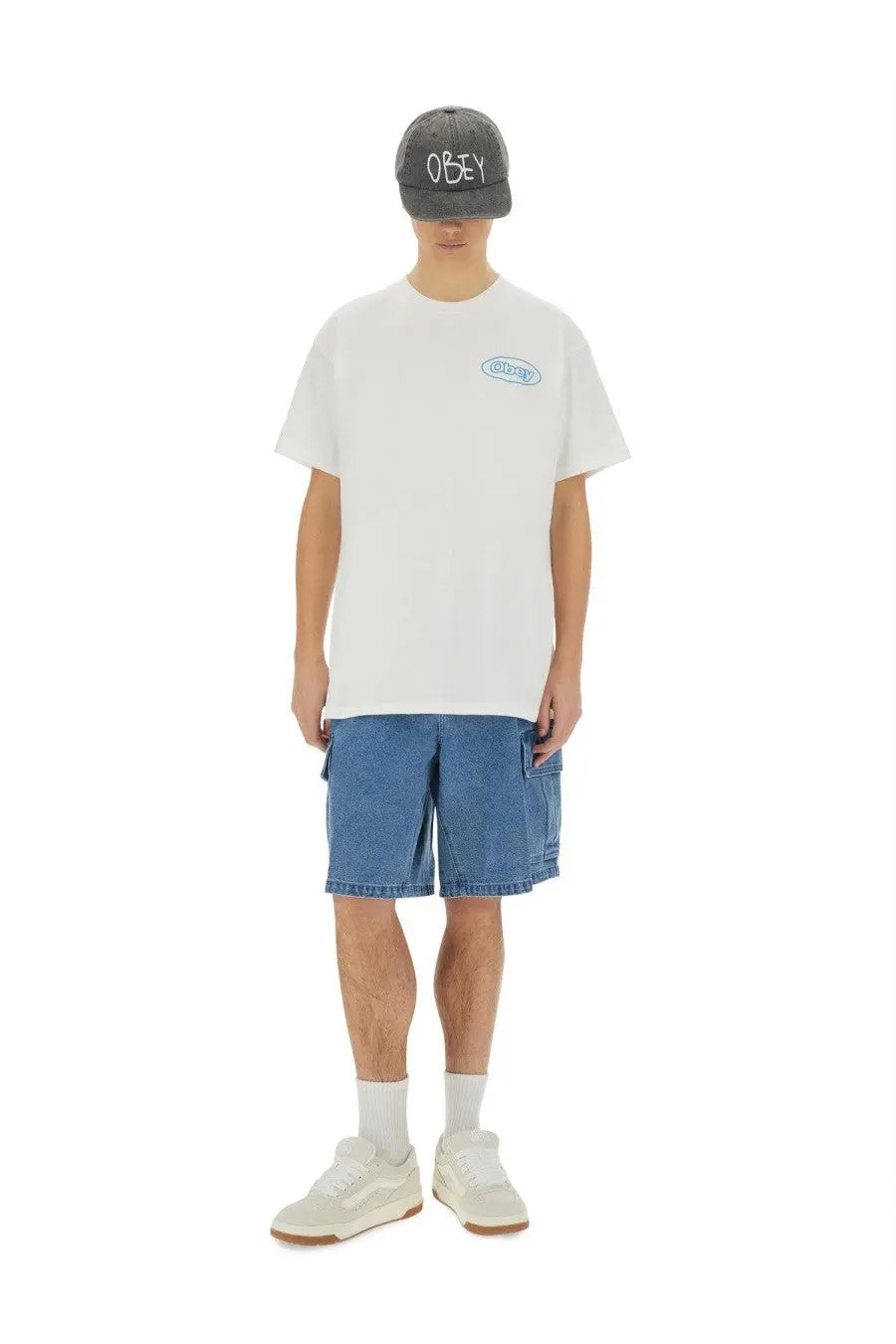 Obey men’s reaction shirt white with small blue oval logo on chest in soft cotton material