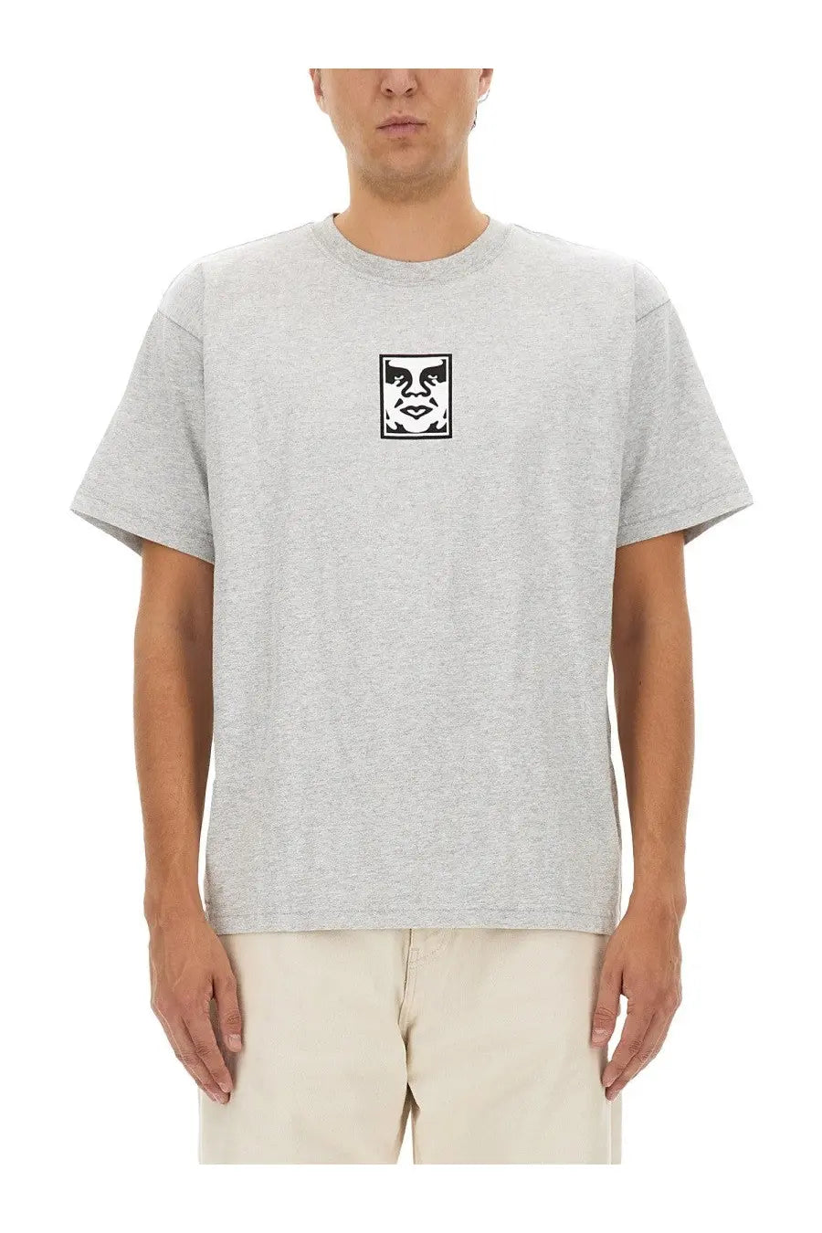 Obey men’s gray heathered cotton t-shirt with a black and white eye graphic on the chest
