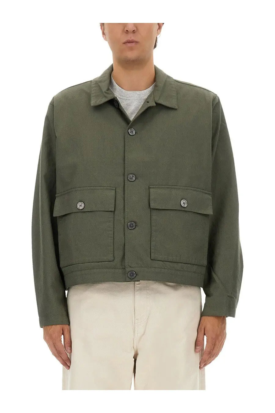 Olive green obey men’s shirt jacket with buttoned flap pockets and collar in utility style