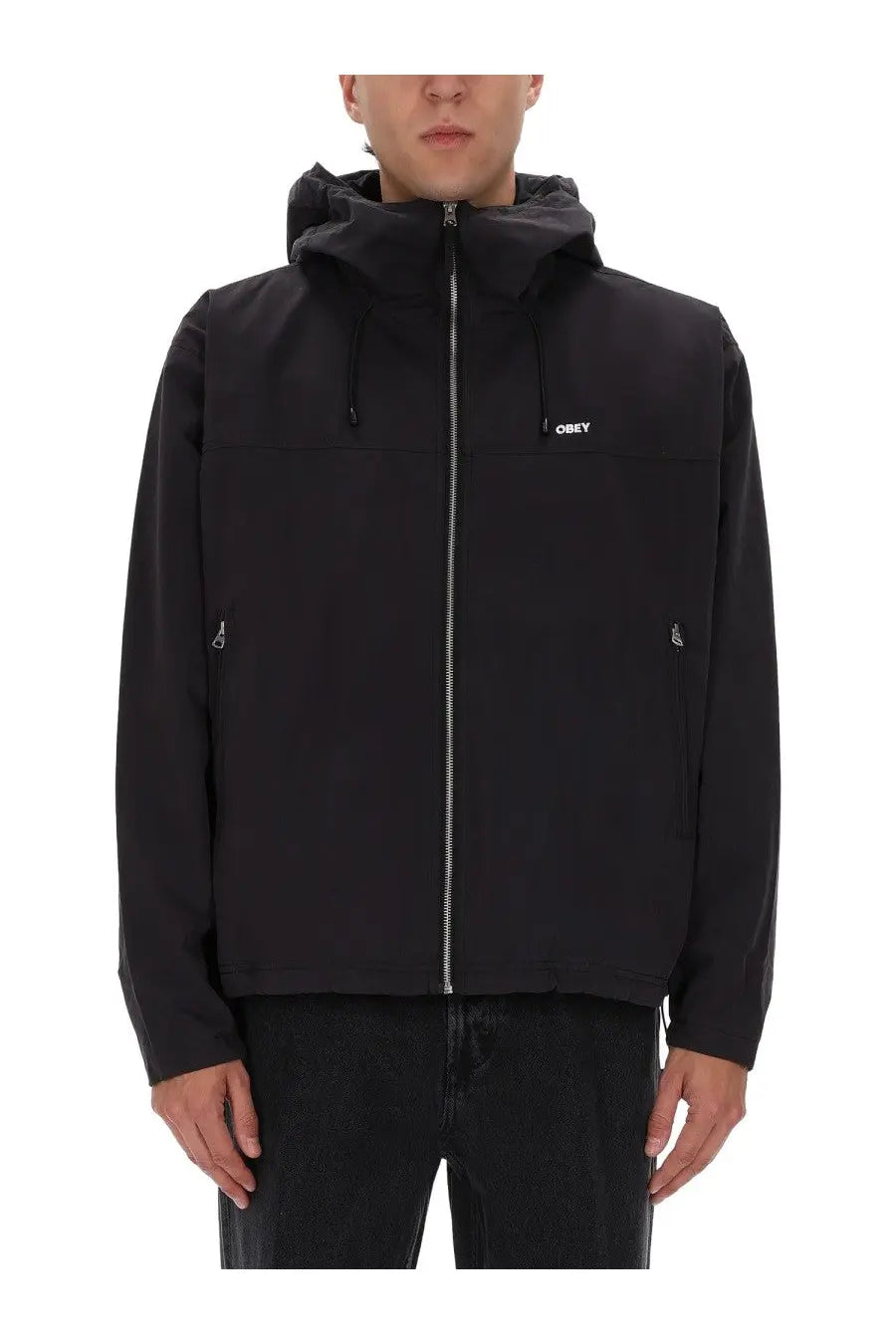 Obey men’s Vista jacket black hooded jacket with silver zipper and subtle white logo on the chest