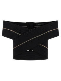 Balmain Off the Shoulder Crop Top Black