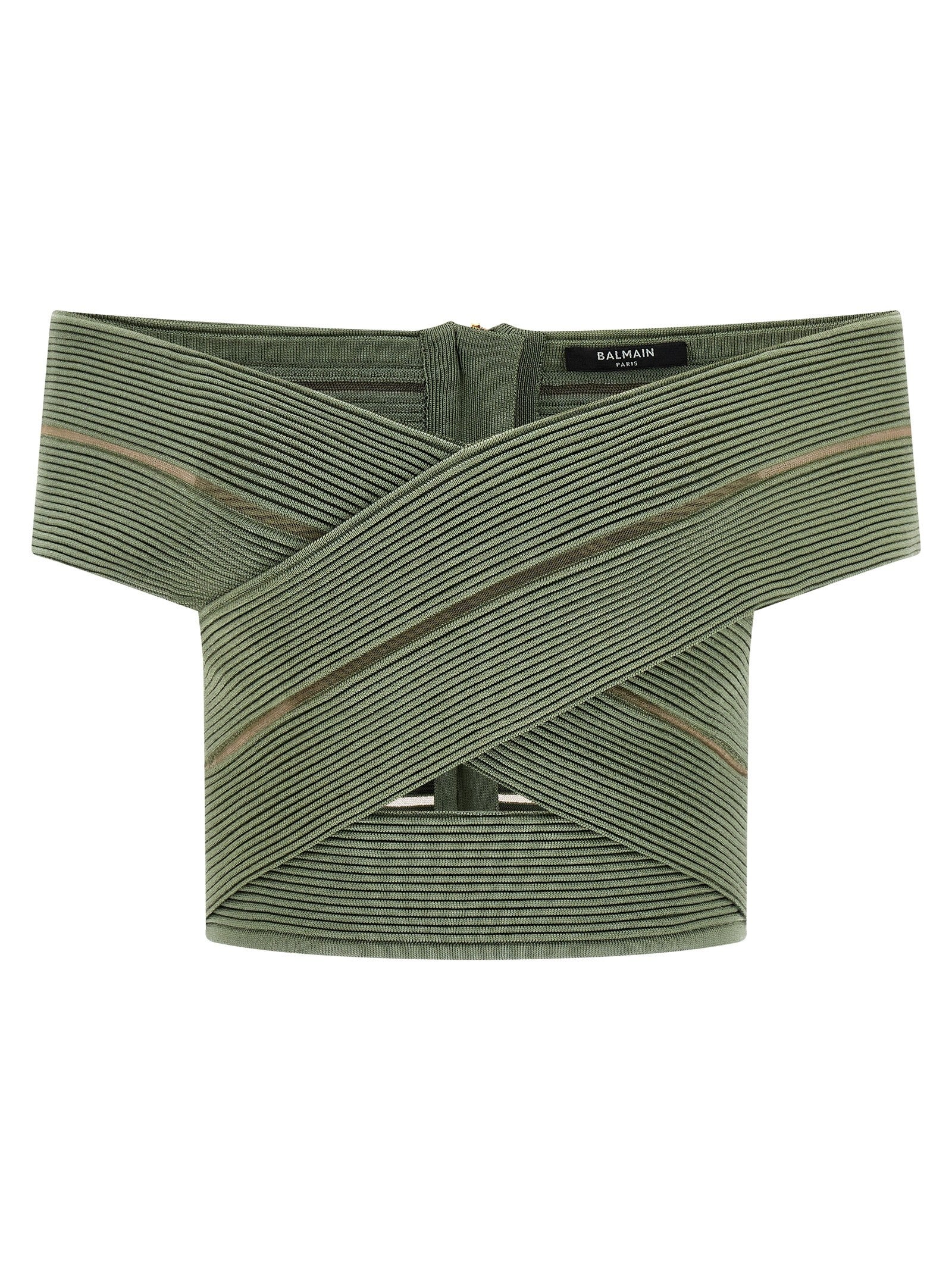 Balmain Off the Shoulder Crop Top Green