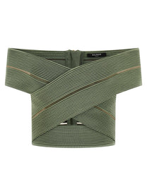 Balmain Off the Shoulder Crop Top Green