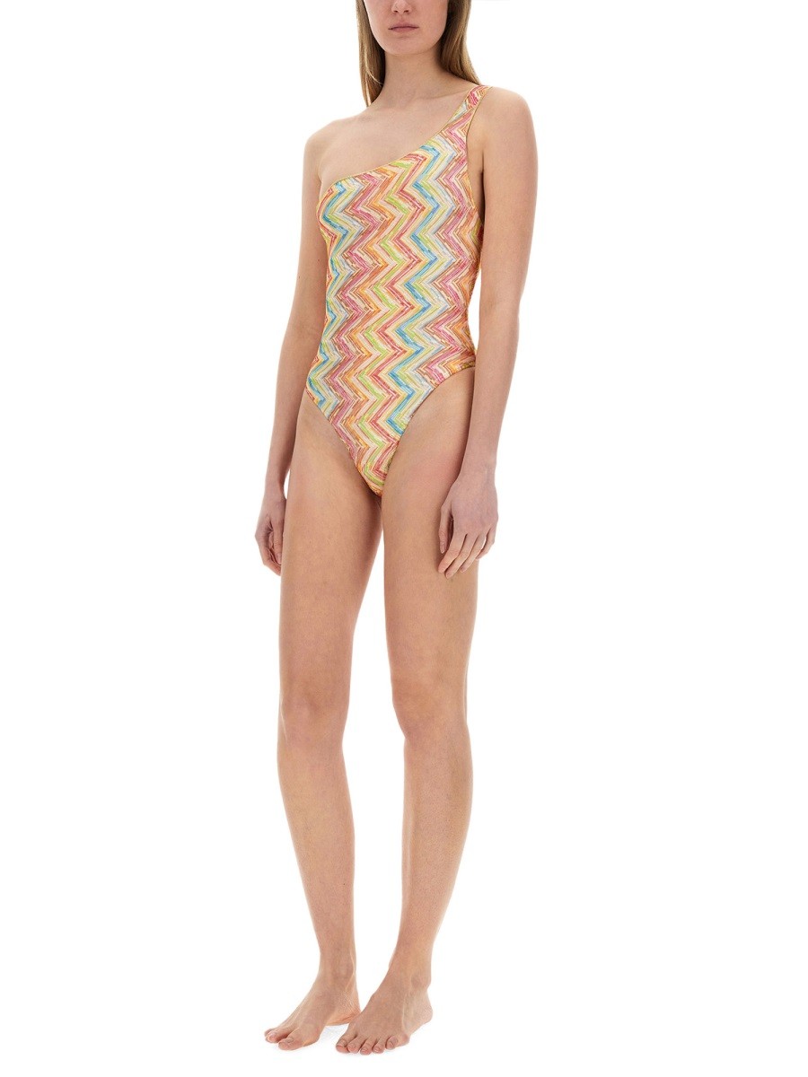 One Shoulder Printed Tulle One Piece Swimsuit