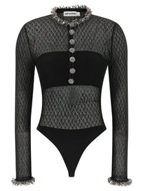 self-portrait Openwork Knitted Bodysuit Black