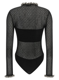 self-portrait Openwork Knitted Bodysuit Black