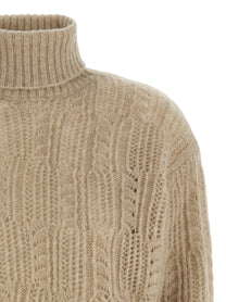 Agnona Openwork Turtleneck Sweater Beige