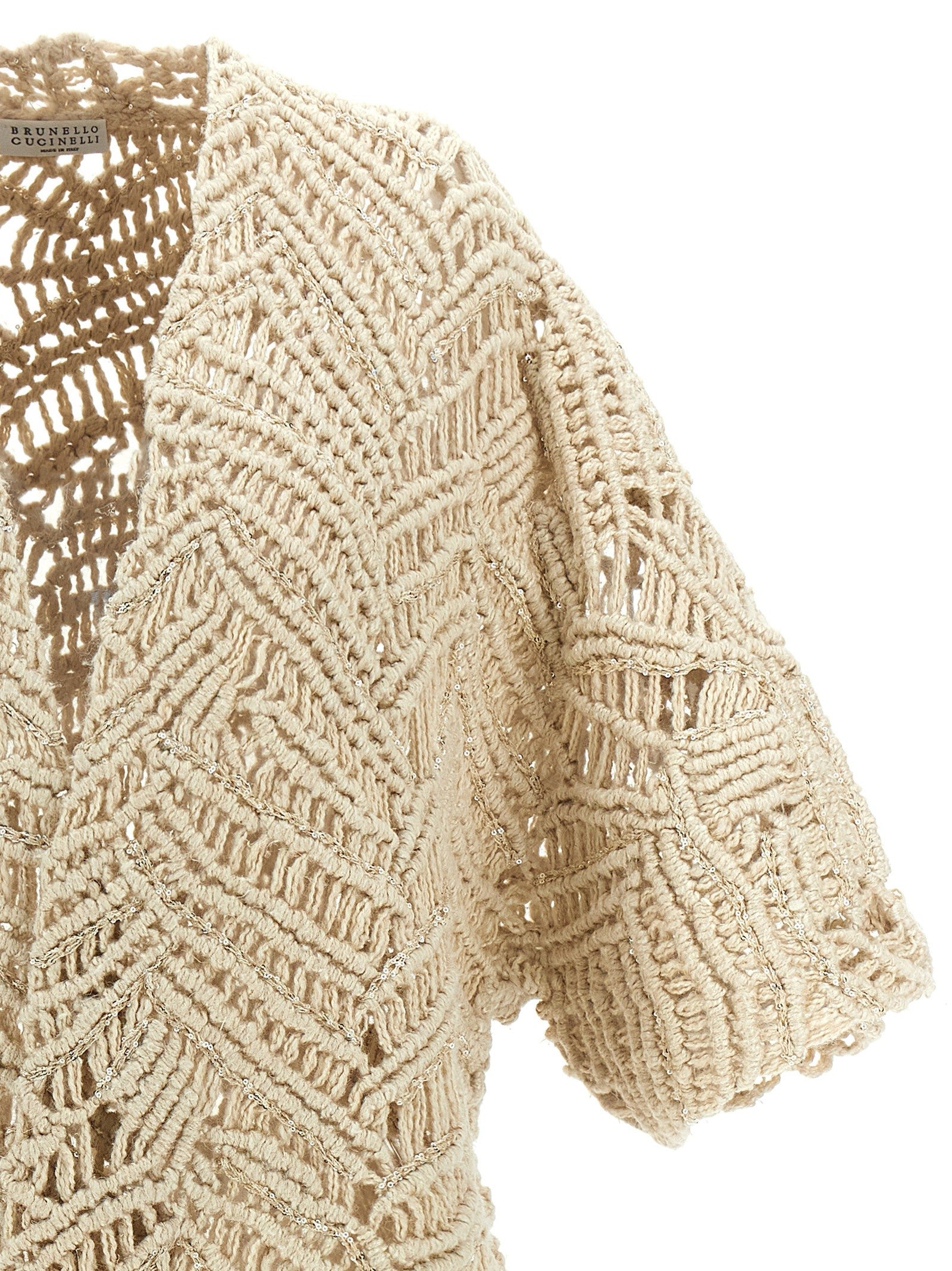Brunello Cucinelli Opera Dazzling Macramé Cardigan Beige