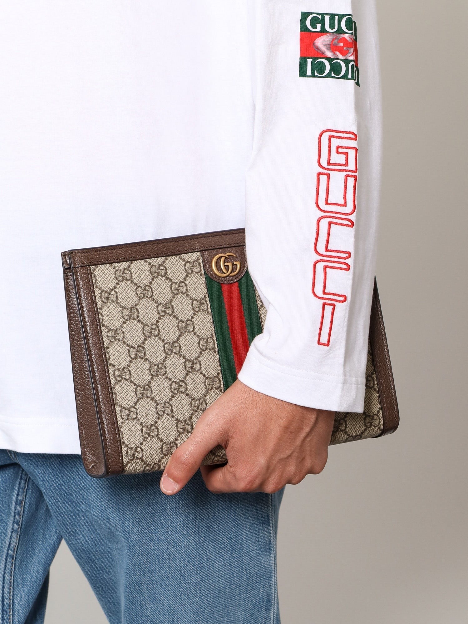 Gucci Men's Ophidia GG Fabric Clutch Bag Beige