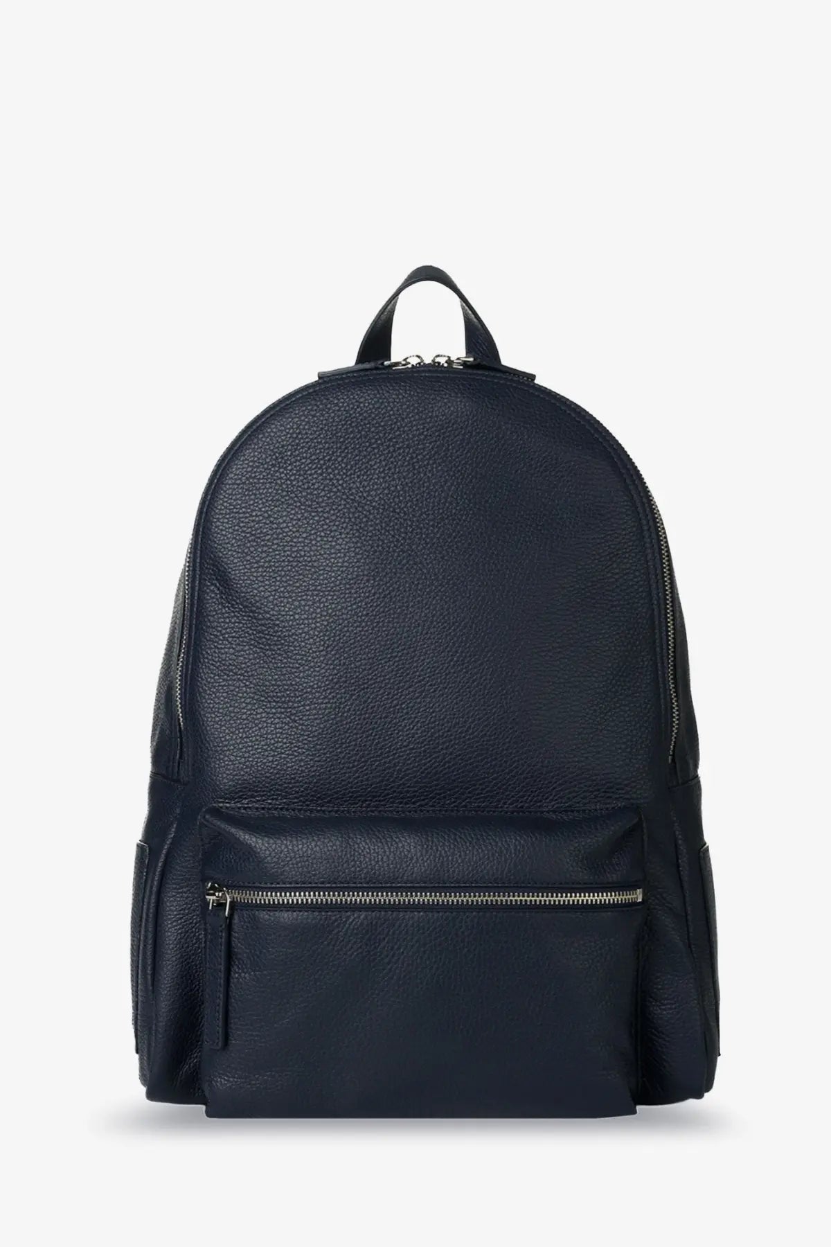 Orciani men’s leather backpack in dark navy pebbled leather with silver zippers and a top handle