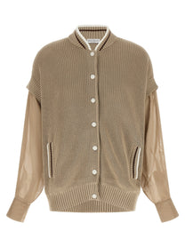 Brunello Cucinelli Organza Sleeve Cardigan Beige