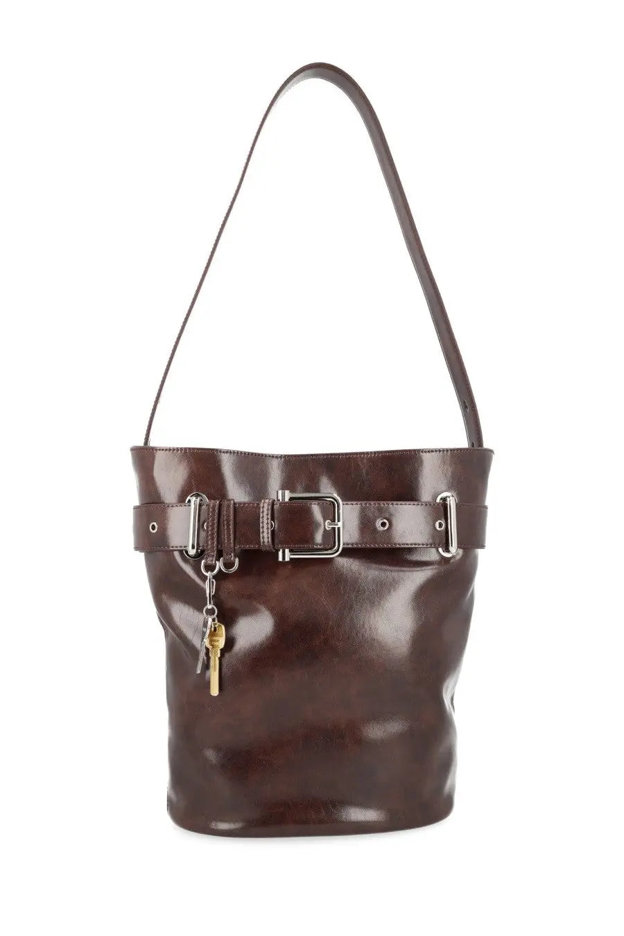 Osoi women’s borsa brocle brown brown leather bucket bag with silver-toned belt buckle strap and front keychain hanging