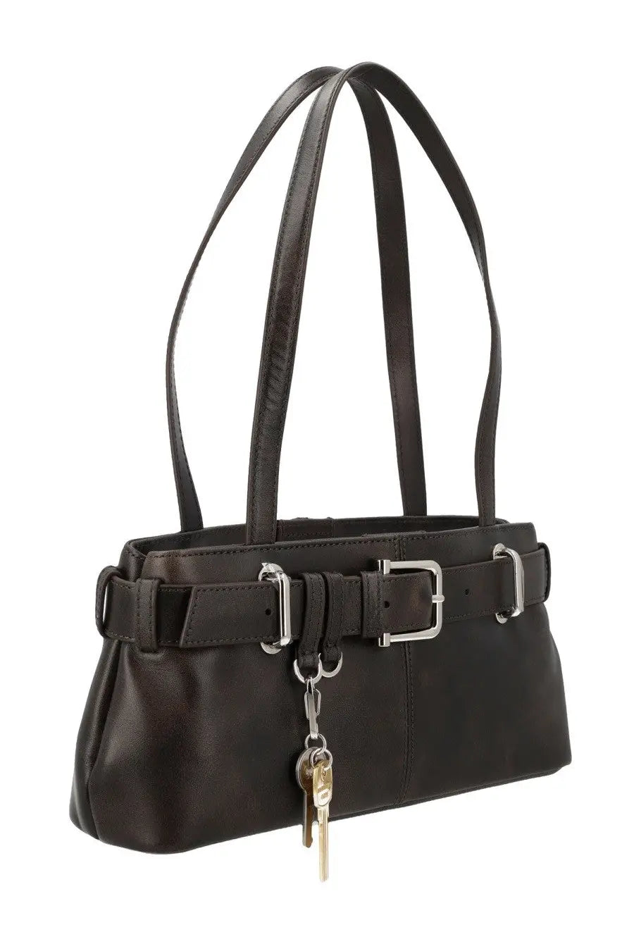Osoi women’s borsa brocle mini brown black leather handbag with silver-toned buckle belt detail and key ring