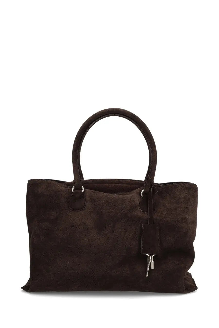 Osoi women’s shell brot large bag dark brown suede tote with rounded top handles and keychain tag