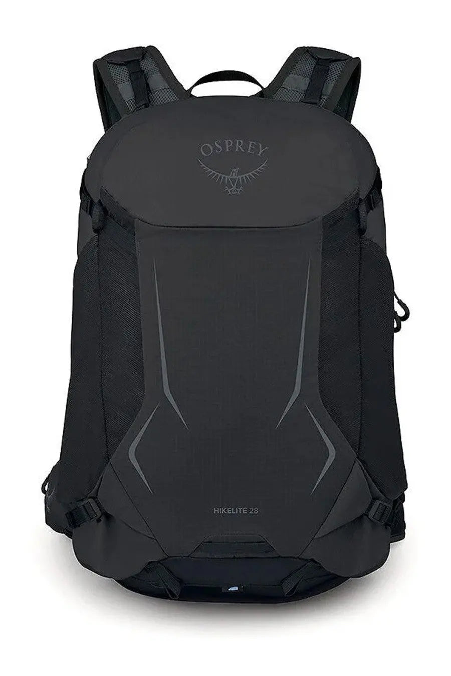 Osprey unisex zaino hikelite black backpack with subtle gray accents and mesh shoulder straps shown from the back side