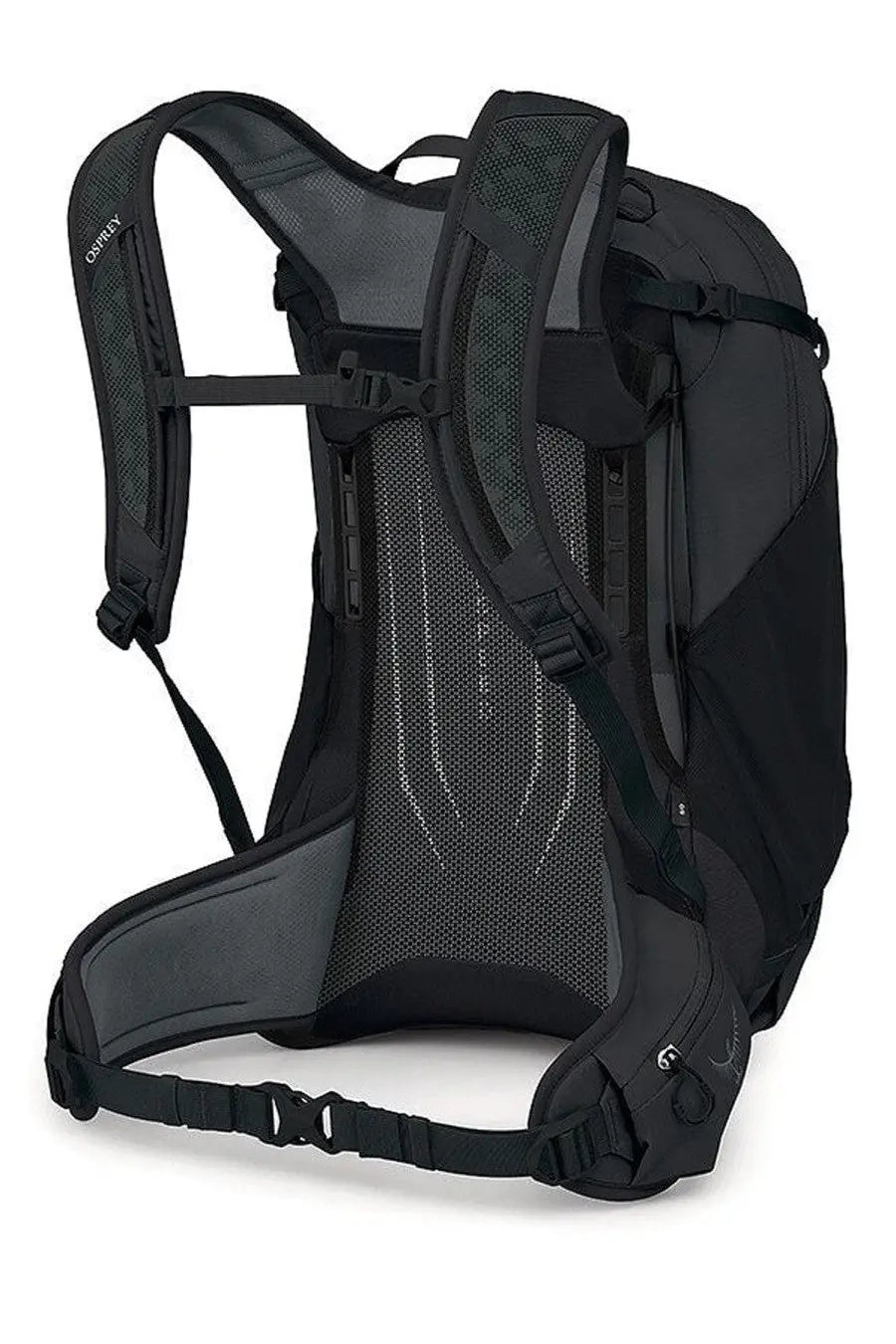 Black osprey unisex zaino hikelite backpack back view with mesh back panel and padded shoulder straps