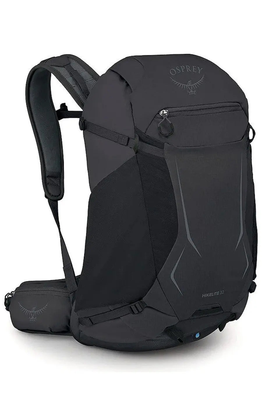 Dark gray osprey unisex hikelite 65 backpack with silver logo and stitching details for hiking and outdoor use