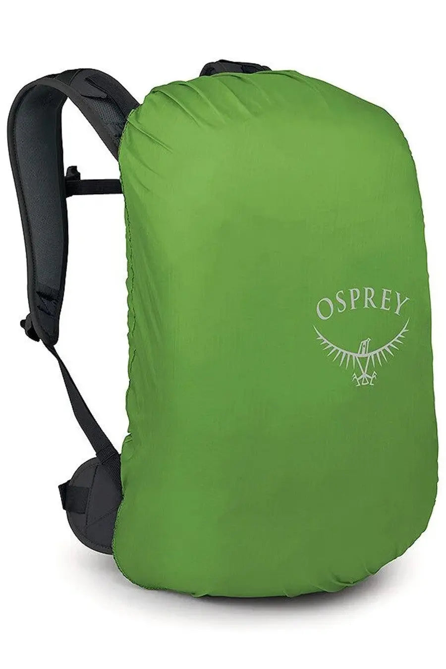 Green osprey rain cover with subtle white logo shown on the back of the osprey unisex zaino hikelite black backpack