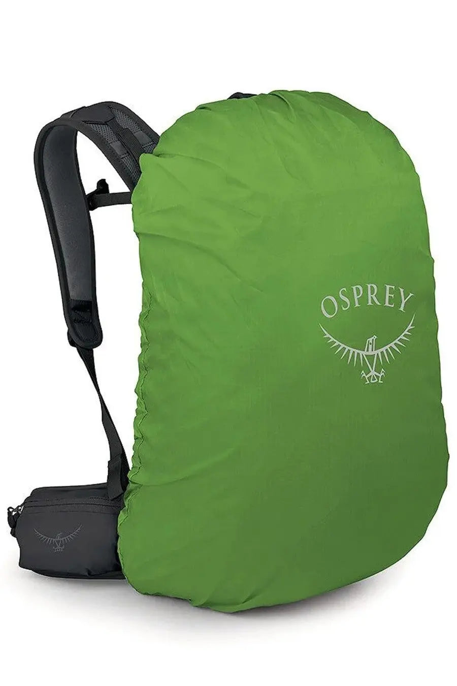 Green osprey rain cover with white logo shown on the back of osprey unisex zaino hikelite black backpack