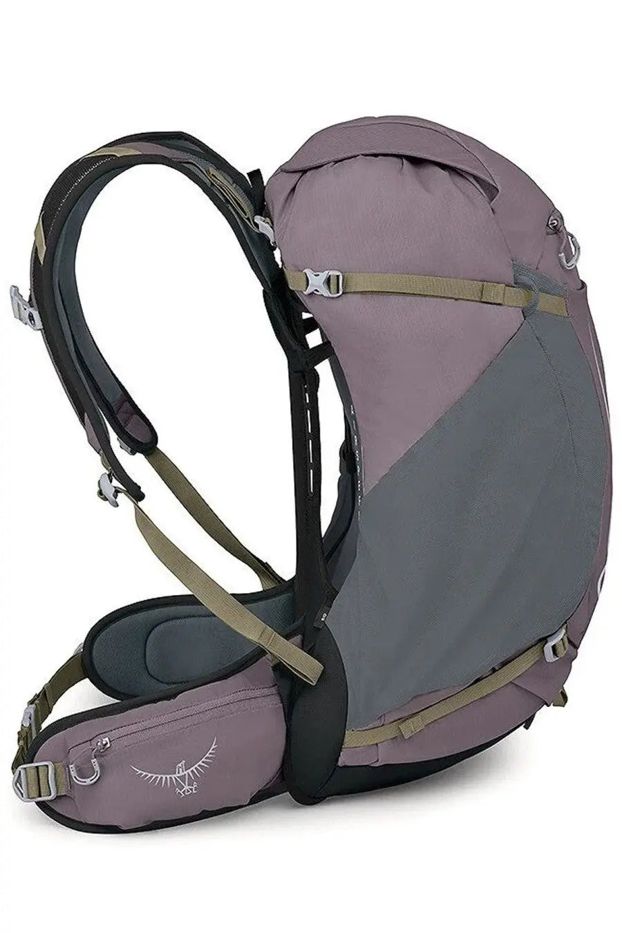 Purple and gray osprey unisex zaino hikelite backpack with olive green straps and black shoulder harness back view
