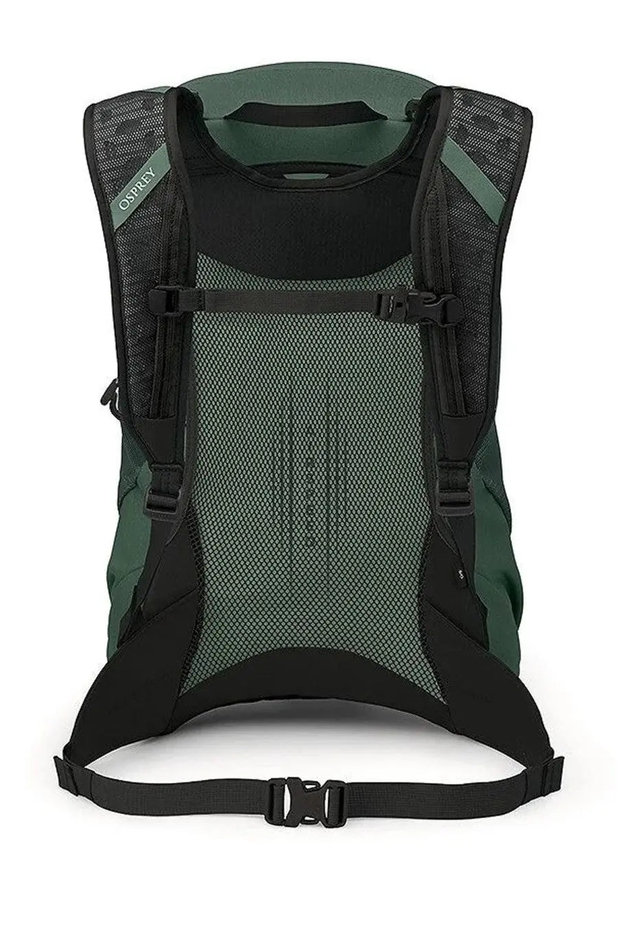 Dark green and black osprey unisex zaino hikelite lt backpack with mesh back panel and adjustable straps shown from back
