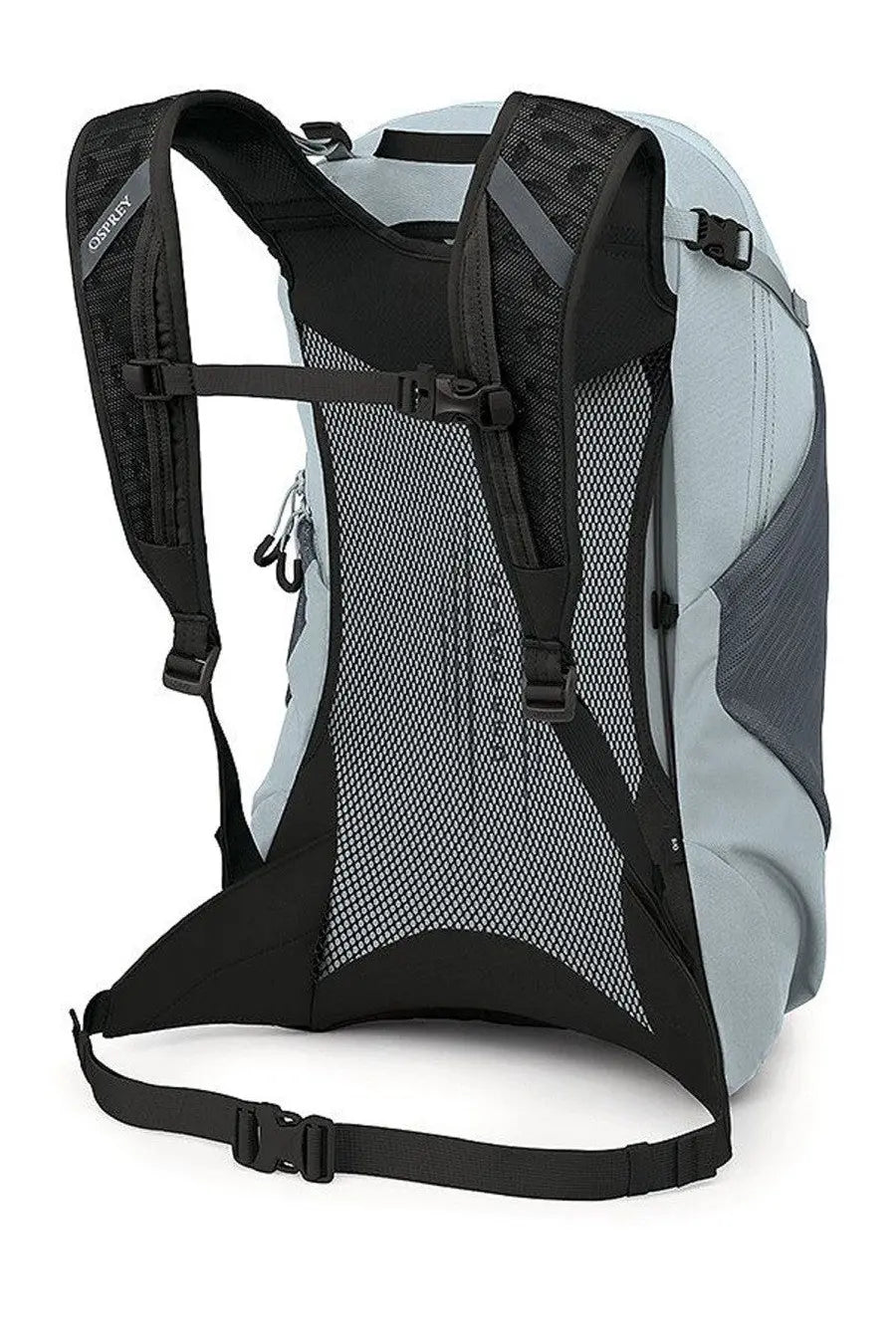 Light gray and black osprey unisex zaino hikelite lt silver backpack with mesh back panel and adjustable straps back view