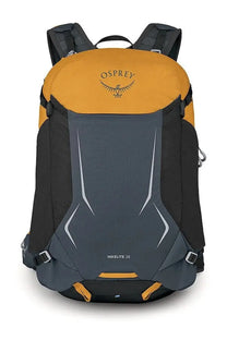 Osprey unisex zaino hikelite 28 backpack with vibrant orange top panel and dark gray body with white geometric stitching
