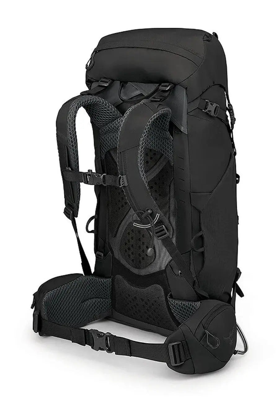 Black osprey unisex zaino kestrel backpack shown from the back with mesh padding and adjustable straps