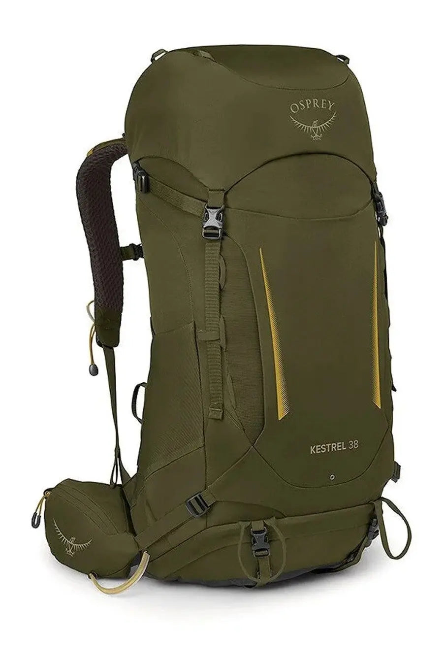 Osprey unisex zaino kestrel green 38 hiking backpack with olive green fabric yellow accent stripes and black straps from back