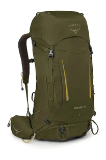 Osprey unisex zaino kestrel green 38 hiking backpack with olive green fabric yellow accent stripes and black straps from back