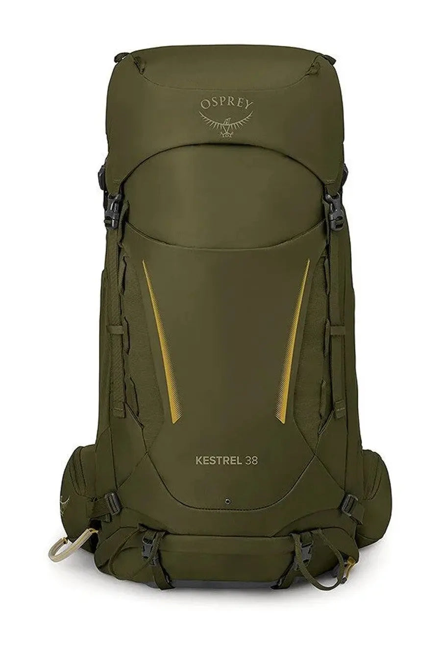 Olive green osprey unisex kestrel 38 hiking backpack with yellow accent stripes shown from the back side