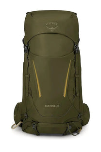 Olive green osprey unisex kestrel 38 hiking backpack with yellow accent stripes shown from the back side