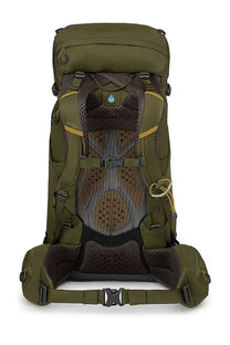 Olive green osprey unisex zaino kestrel backpack with mesh padded back panel yellow accent straps and water droplet logo