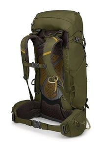 Olive green osprey unisex zaino kestrel backpack with mesh and padded straps and yellow accent details back side