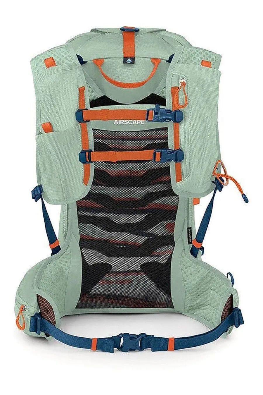 Back side of light green and orange Osprey Unisex Zaino Talon Velocity backpack with mesh back panel and adjustable straps