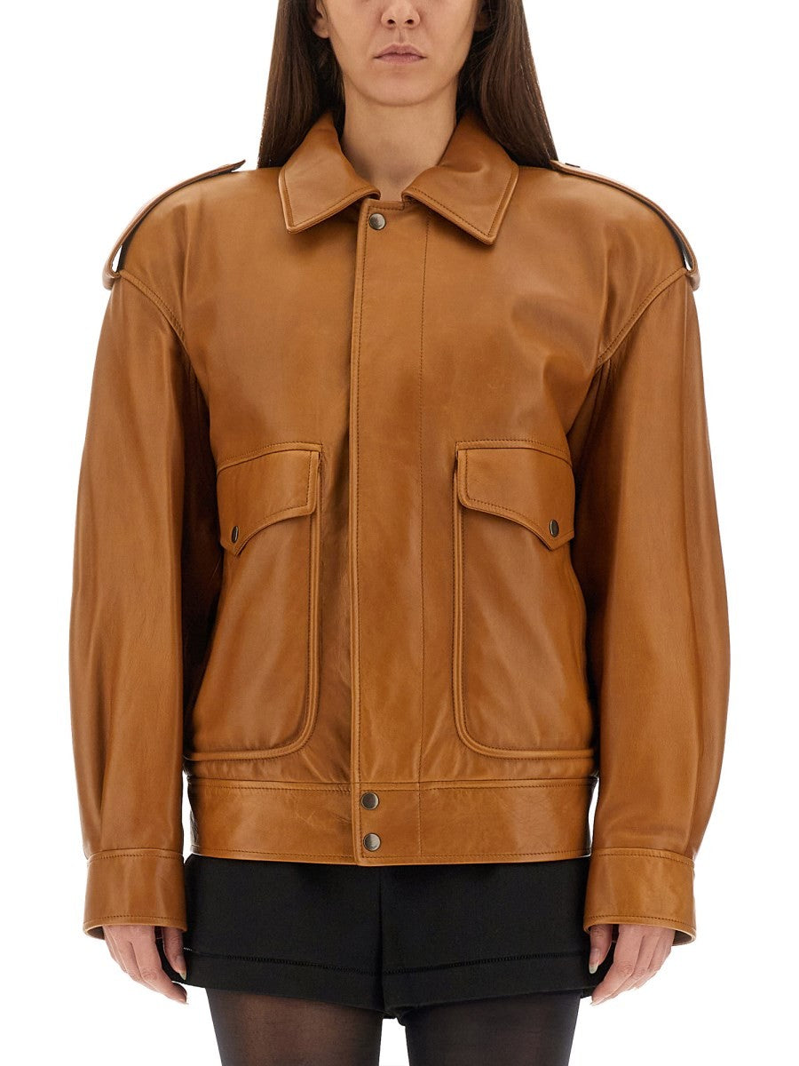 Saint Laurent Women's Oversized Leather Jacket Beige