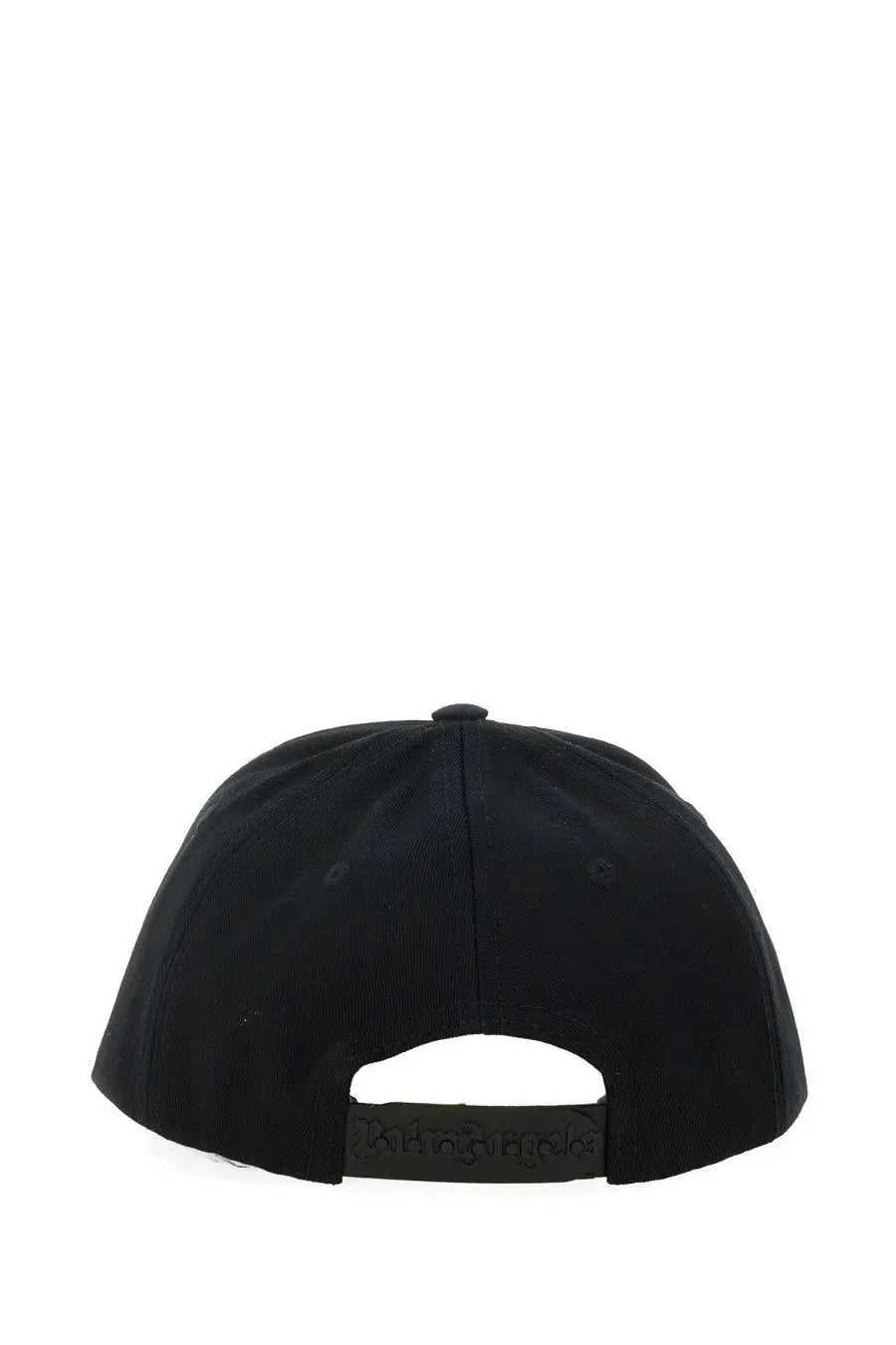 Black palm angels men’s baseball cap with structured crown and adjustable strap shown from the back side