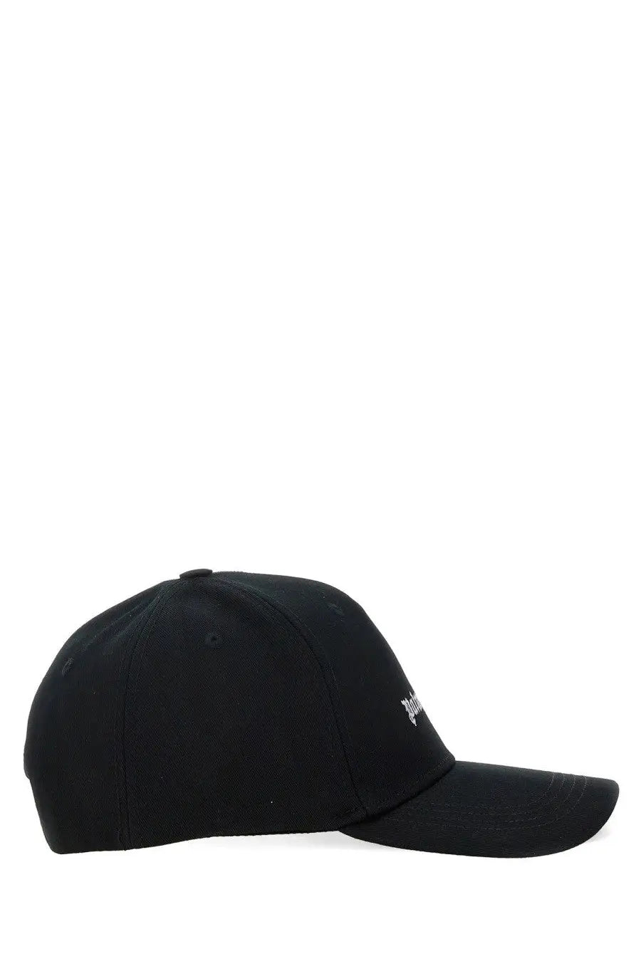 Palm Angels men’s black baseball cap with subtle white embroidered logo on the side for casual wear