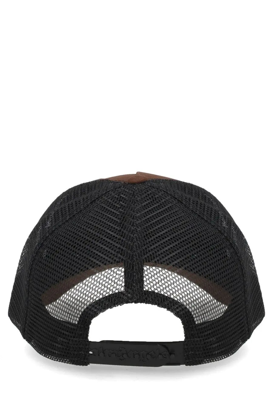 Black mesh palm angels men’s cappello da baseball bear trucker hat with brown leather accents and black adjustable strap