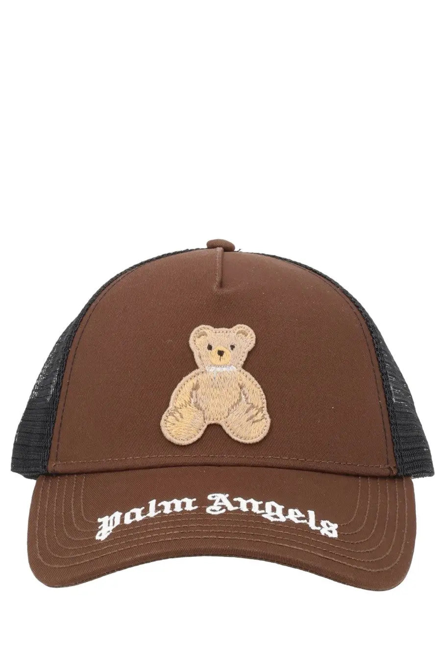Brown trucker hat with beige embroidered teddy bear patch and white palm angels lettering on brim for men