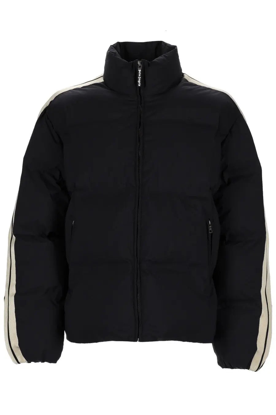 Palm Angels men’s giacca con black puffer jacket with cream stripes on sleeves and shoulders with high collar and zipper