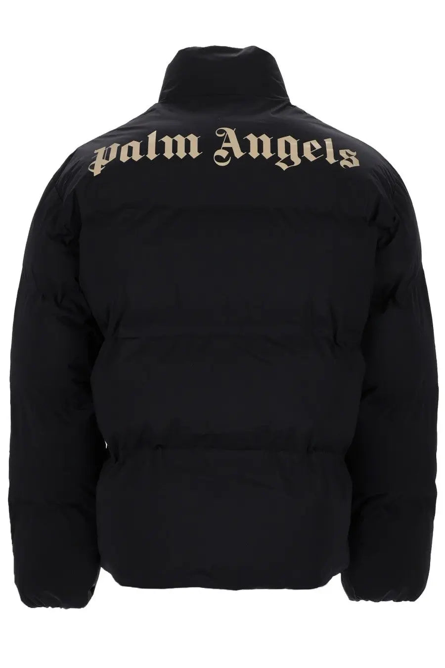 Back side of palm angels men’s giacca con black puffer jacket with gold embroidered palm angels logo across shoulders