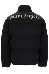 Back side of palm angels men’s giacca con black puffer jacket with gold embroidered palm angels logo across shoulders